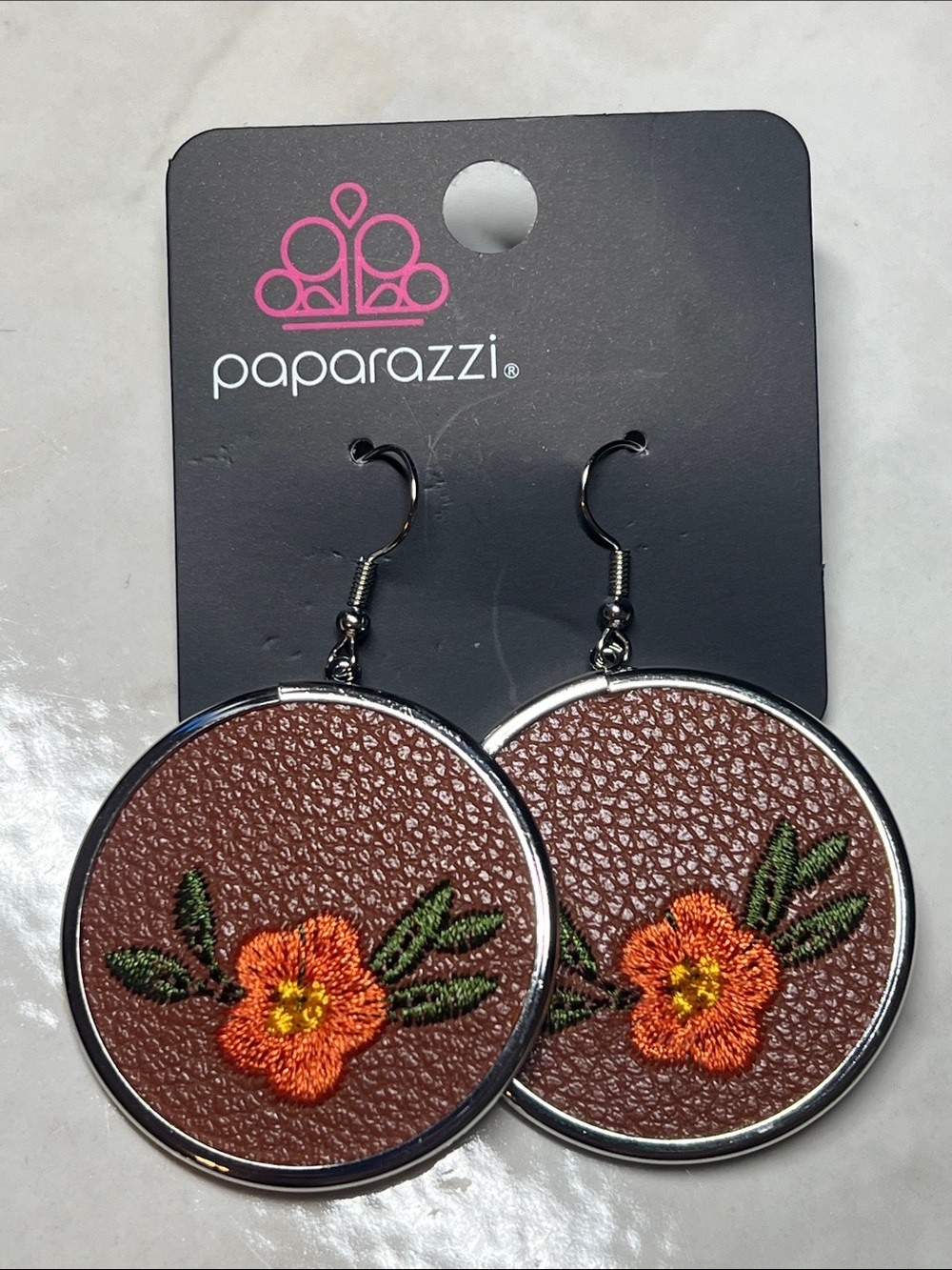 Paparazzi Brown Earrings with Orange Floral Embroidery